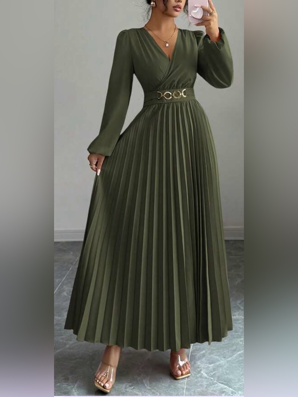 SHEIN Olive Green Pleated Maxi Dress with Decorative Waist Rings
